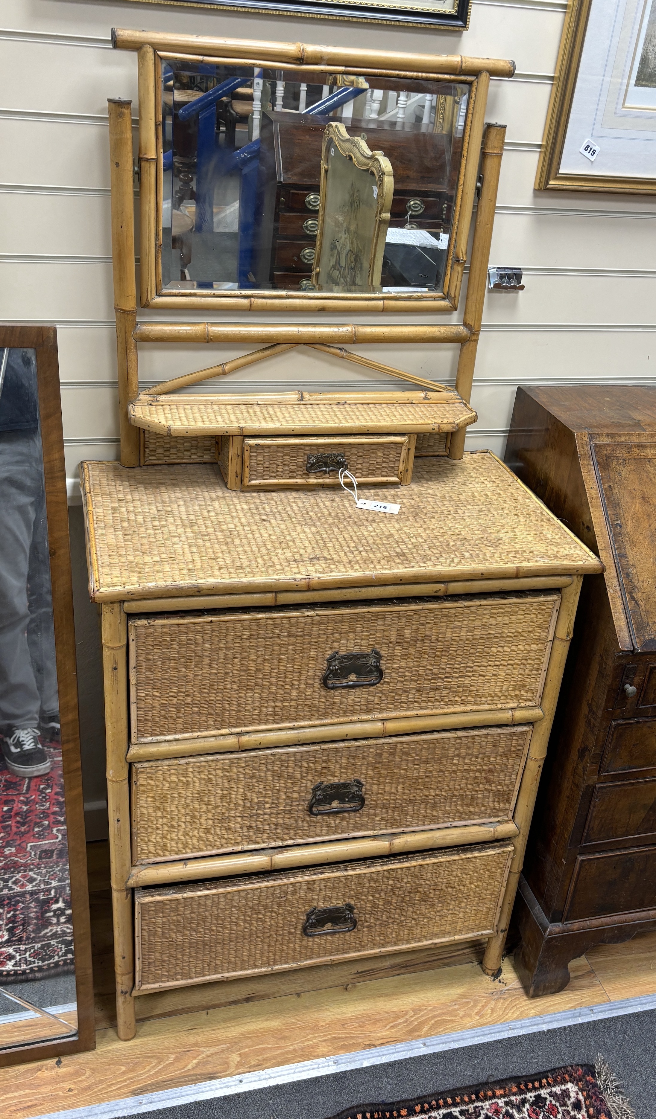 A late Victorian caned bamboo / rattan dressing chest, width 76cm, depth 55cm, height 157cm